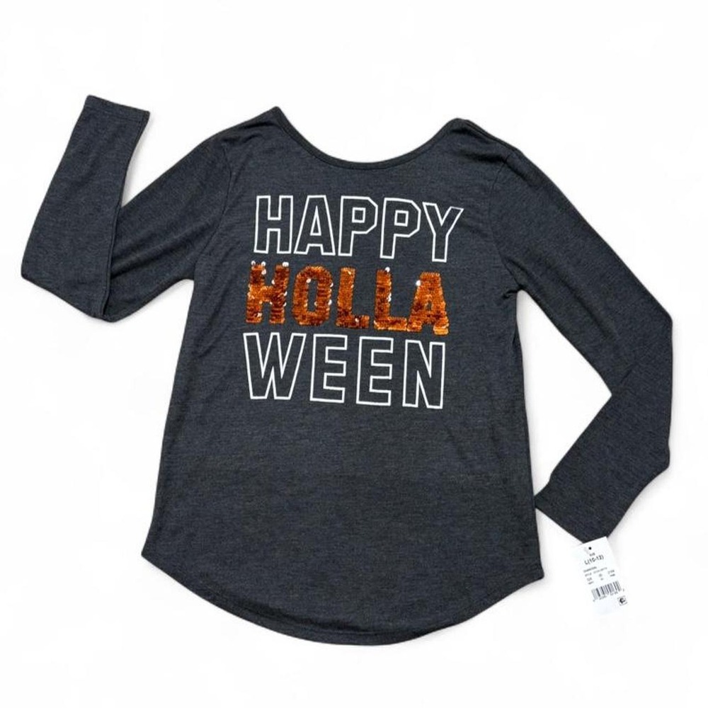 NWT Graphic Tee Holla Ween Flip Sequin Charcoal Gray Long Sleeve Spooky 10-12